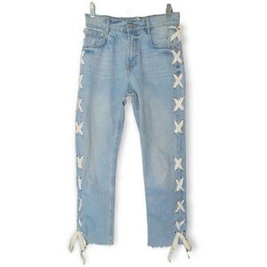 Zara Trafaluc Lace Up Side Raw Hem Mom Straighten Leg Light Wash Jeans